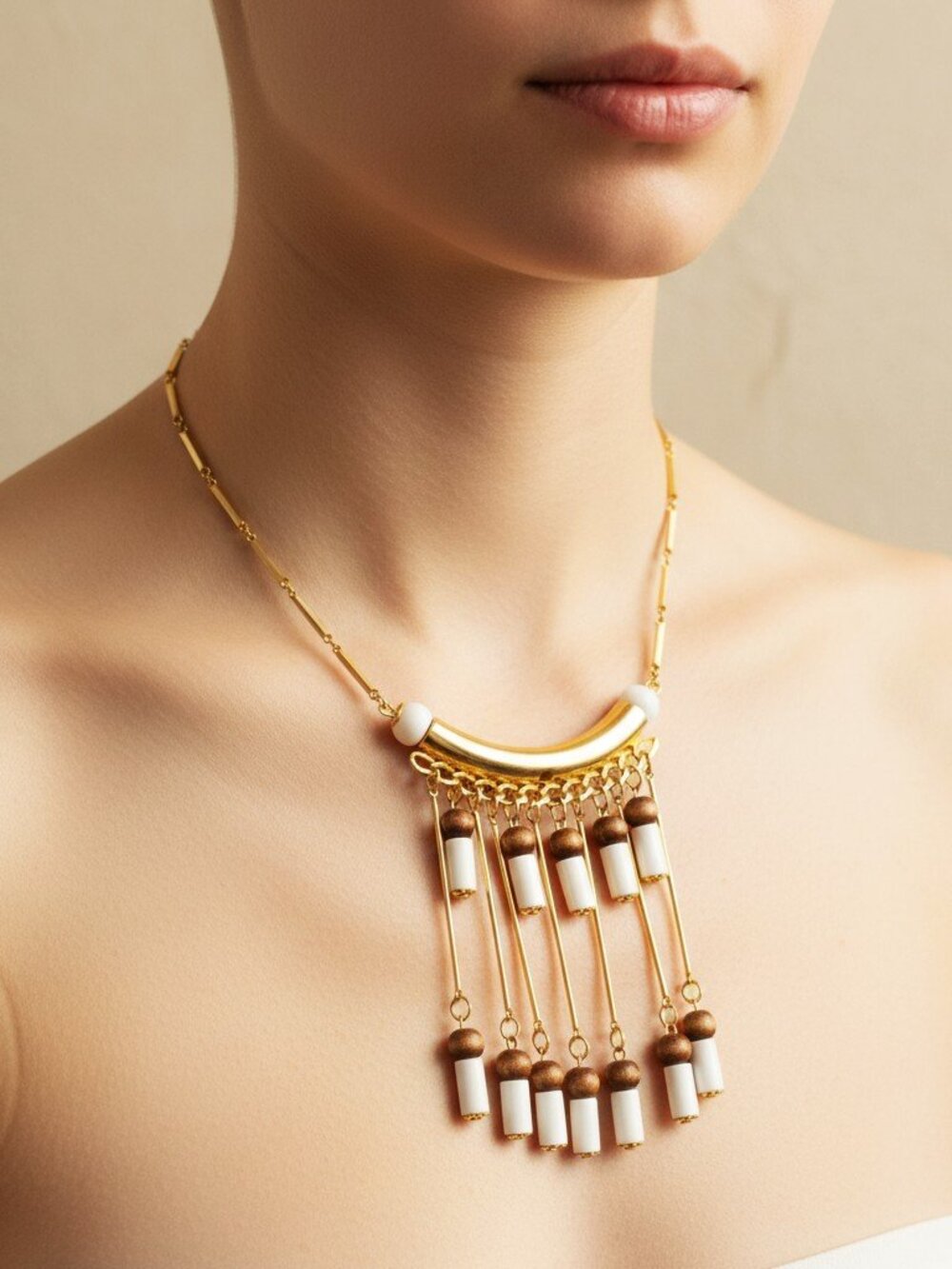 Rare 1980 Statement Necklace Gold-Tone, Brown Wood & White Resin. SHIPS FREE